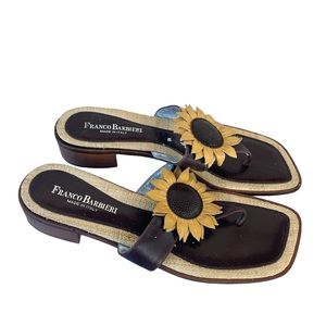 Franco Barbieri Italy Leather Linen Sunflower Thong Low Heel Sandals Sz 9.5